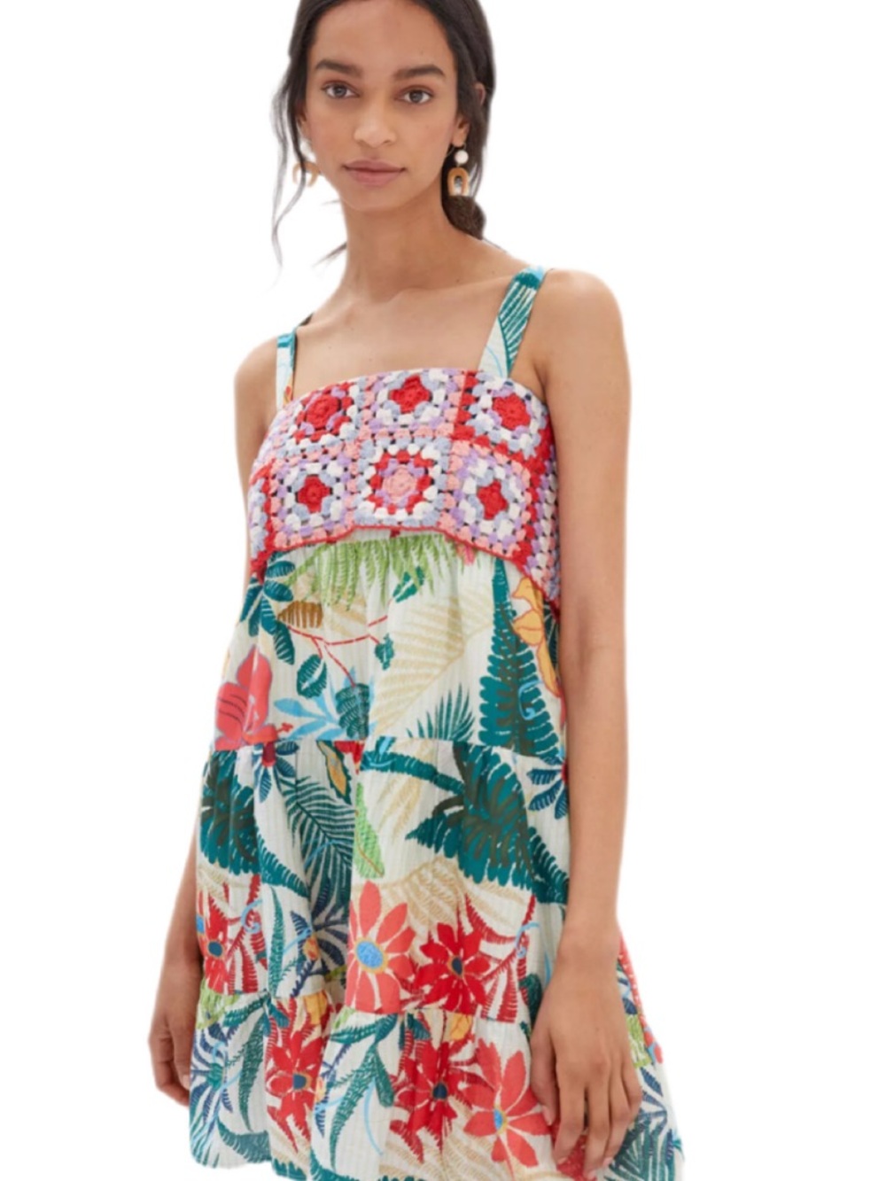 FARM Rio X Anthropologie Crochet Bodice Tropical Coastal Mini Dress